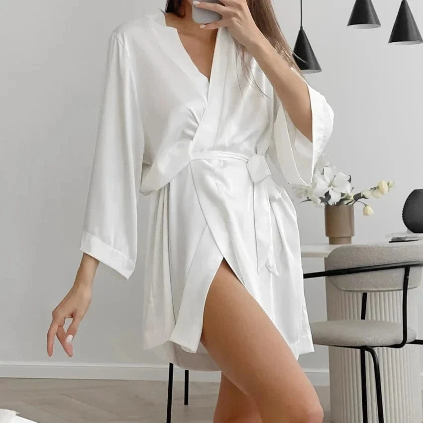 Women Wedding White Bride Robe Morning Gown 3/4 Sleeve Sleepwear Loose Nightgown Female Silk Satin Kimono Bathrobe Lingerie - A-1 Thread Vault