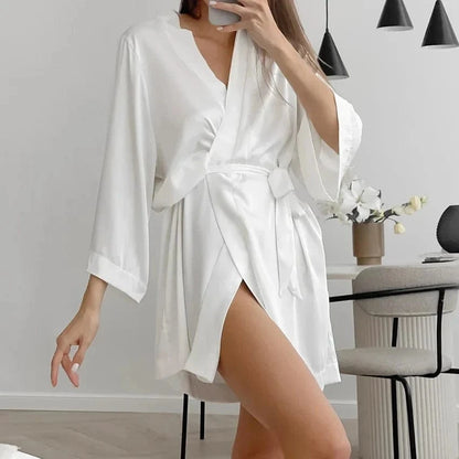 Women Wedding White Bride Robe Morning Gown 3/4 Sleeve Sleepwear Loose Nightgown Female Silk Satin Kimono Bathrobe Lingerie - A-1 Thread Vault