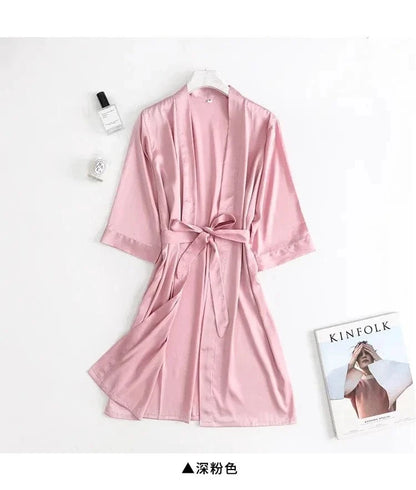 Women Wedding White Bride Robe Morning Gown 3/4 Sleeve Sleepwear Loose Nightgown Female Silk Satin Kimono Bathrobe Lingerie - A-1 Thread Vault