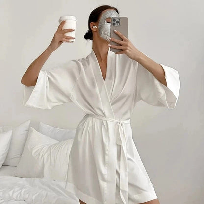 Women Wedding White Bride Robe Morning Gown 3/4 Sleeve Sleepwear Loose Nightgown Female Silk Satin Kimono Bathrobe Lingerie - A-1 Thread Vault