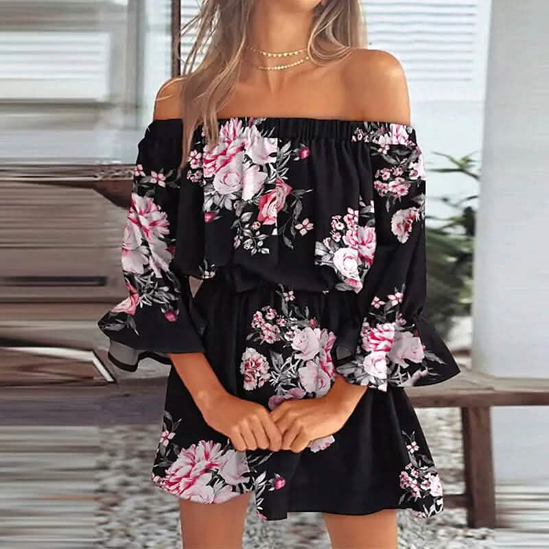 Women's 3/4 Length Sleeve Floral Ruffle Summer Spring Off Shoulder Dress - A-1 Thread Vault