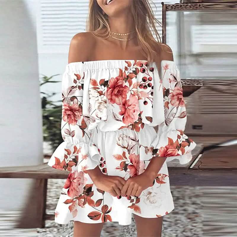 Women's 3/4 Length Sleeve Floral Ruffle Summer Spring Off Shoulder Dress - A-1 Thread Vault