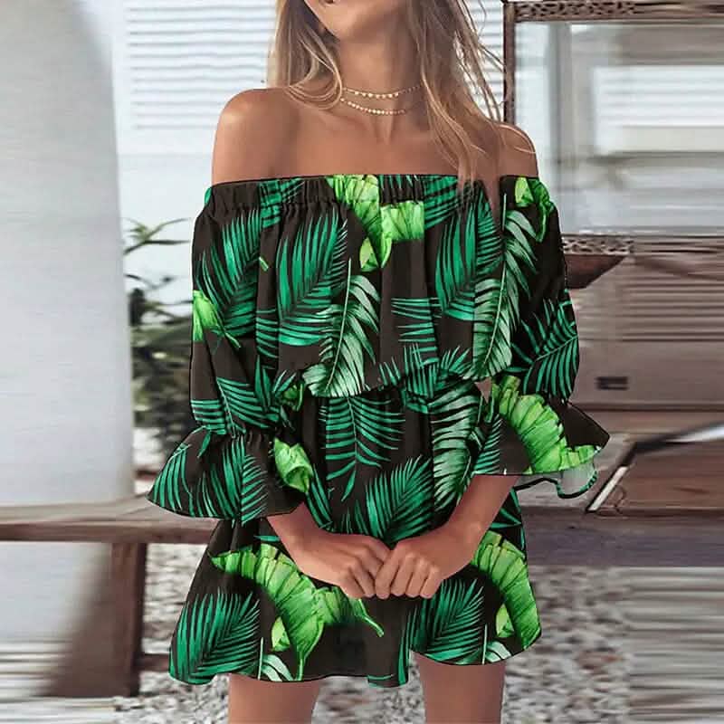 Women's 3/4 Length Sleeve Floral Ruffle Summer Spring Off Shoulder Dress - A-1 Thread Vault
