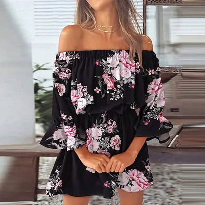 Women's 3/4 Length Sleeve Floral Ruffle Summer Spring Off Shoulder Dress - A-1 Thread Vault