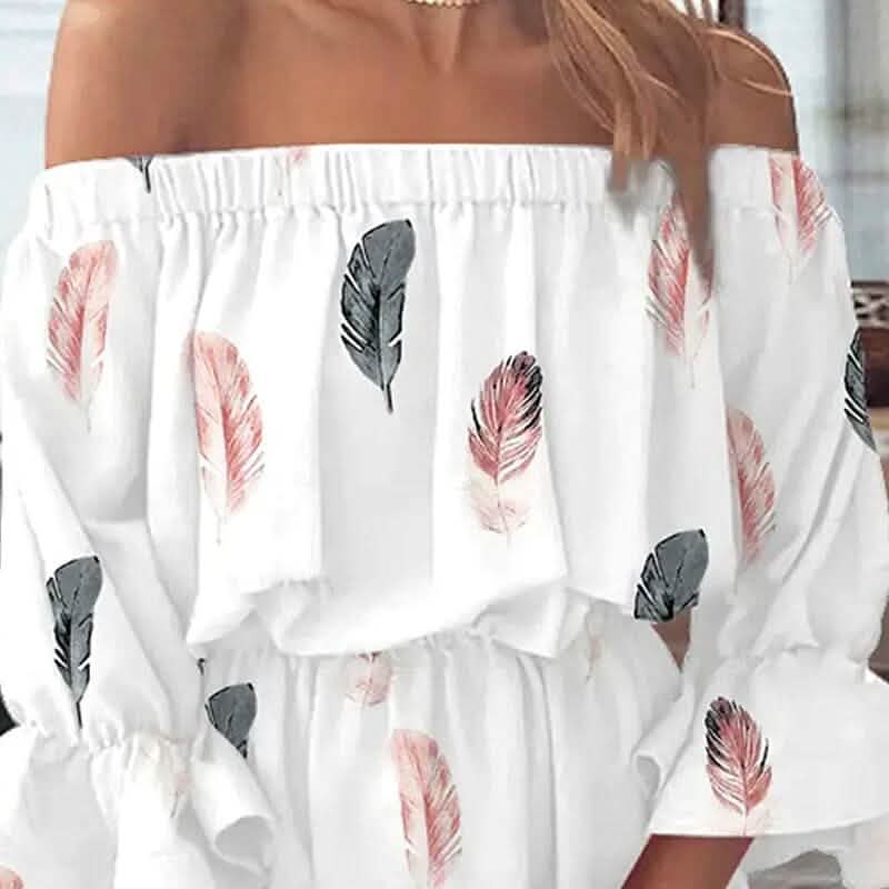 Women's 3/4 Length Sleeve Floral Ruffle Summer Spring Off Shoulder Dress - A-1 Thread Vault