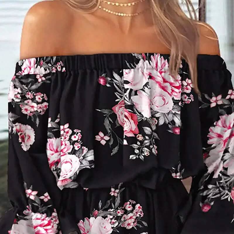 Women's 3/4 Length Sleeve Floral Ruffle Summer Spring Off Shoulder Dress - A-1 Thread Vault