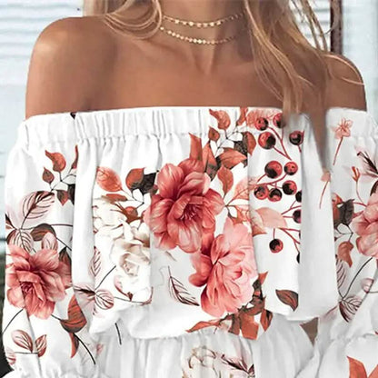 Women's 3/4 Length Sleeve Floral Ruffle Summer Spring Off Shoulder Dress - A-1 Thread Vault