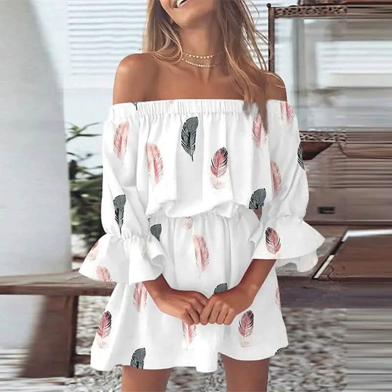 Women's 3/4 Length Sleeve Floral Ruffle Summer Spring Off Shoulder Dress - A-1 Thread Vault