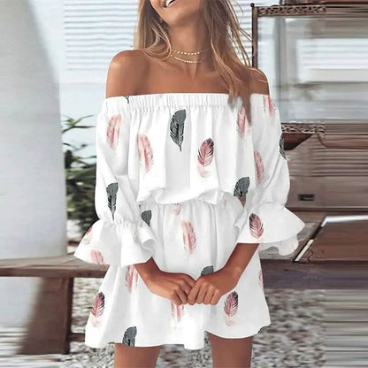 Women's 3/4 Length Sleeve Floral Ruffle Summer Spring Off Shoulder Dress - A-1 Thread Vault