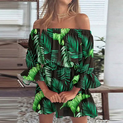 Women's 3/4 Length Sleeve Floral Ruffle Summer Spring Off Shoulder Dress - A-1 Thread Vault