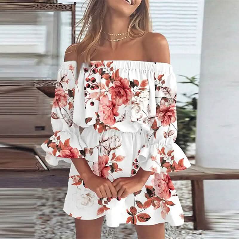 Women's 3/4 Length Sleeve Floral Ruffle Summer Spring Off Shoulder Dress - A-1 Thread Vault