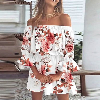 Women's 3/4 Length Sleeve Floral Ruffle Summer Spring Off Shoulder Dress - A-1 Thread Vault