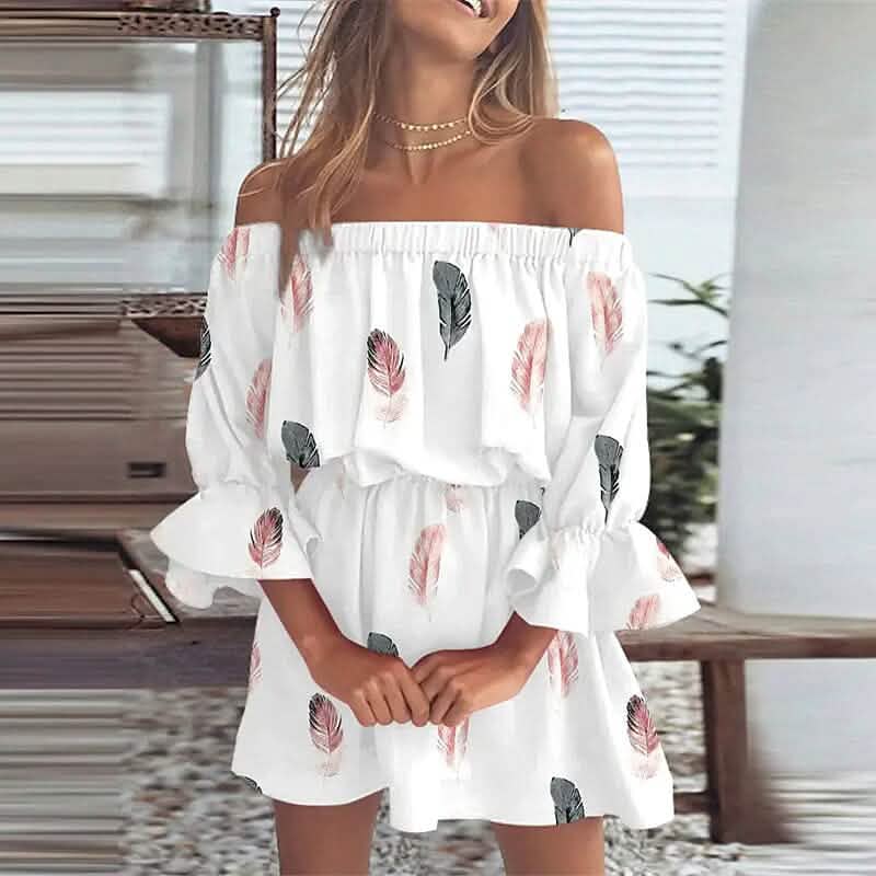 Women's 3/4 Length Sleeve Floral Ruffle Summer Spring Off Shoulder Dress - A-1 Thread Vault