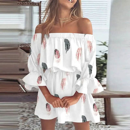 Women's 3/4 Length Sleeve Floral Ruffle Summer Spring Off Shoulder Dress - A-1 Thread Vault