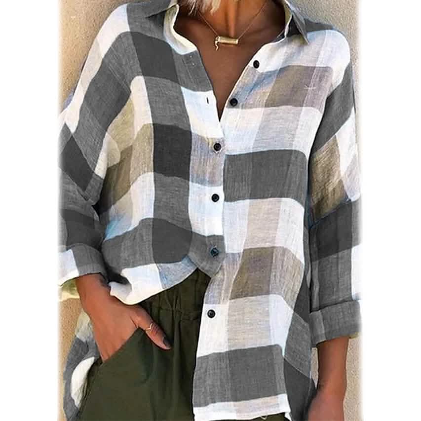 Women's Basic Loose Checkered Long Sleeve Shirt - A-1 Thread Vault