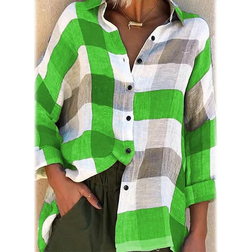 Women's Basic Loose Checkered Long Sleeve Shirt - A-1 Thread Vault