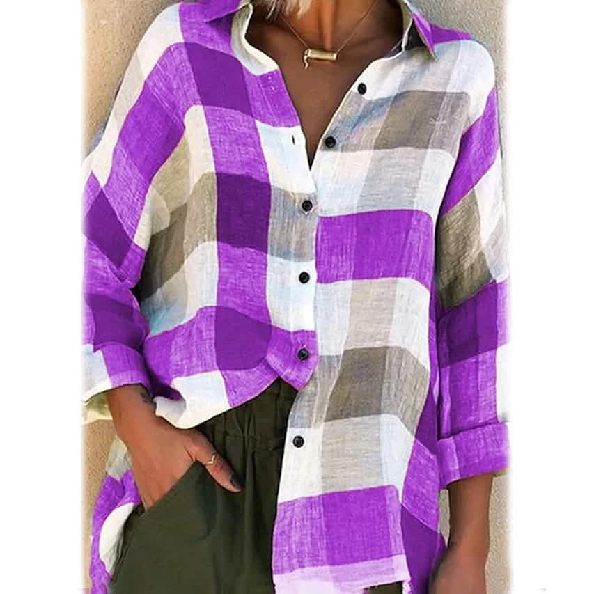 Women's Basic Loose Checkered Long Sleeve Shirt - A-1 Thread Vault