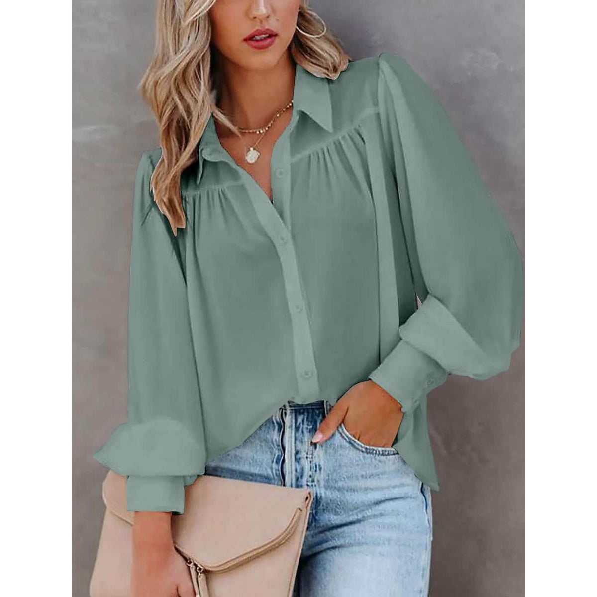 Womens Blouse Shirt Plain Button Long Sleeve - A-1 Thread Vault