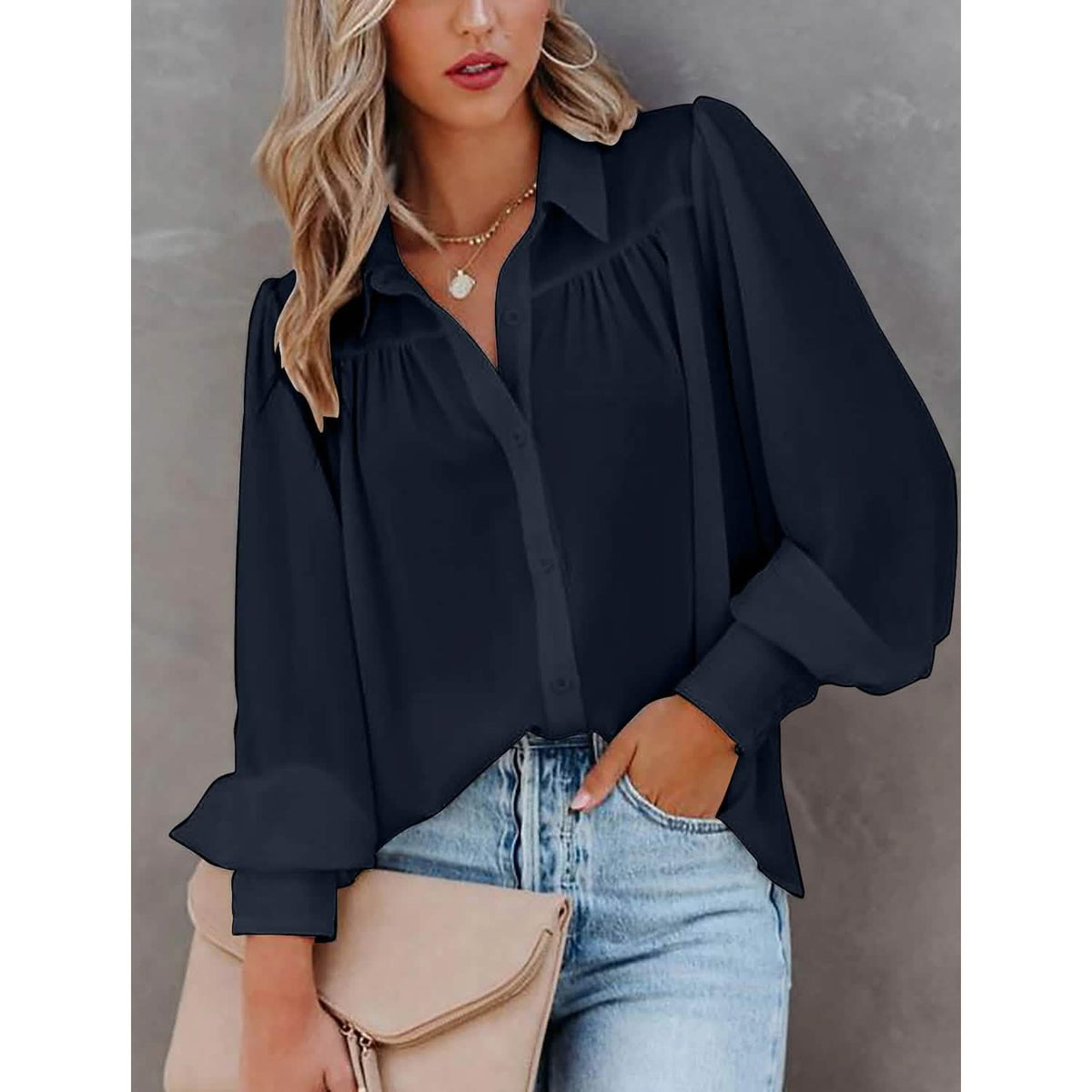 Womens Blouse Shirt Plain Button Long Sleeve - A-1 Thread Vault