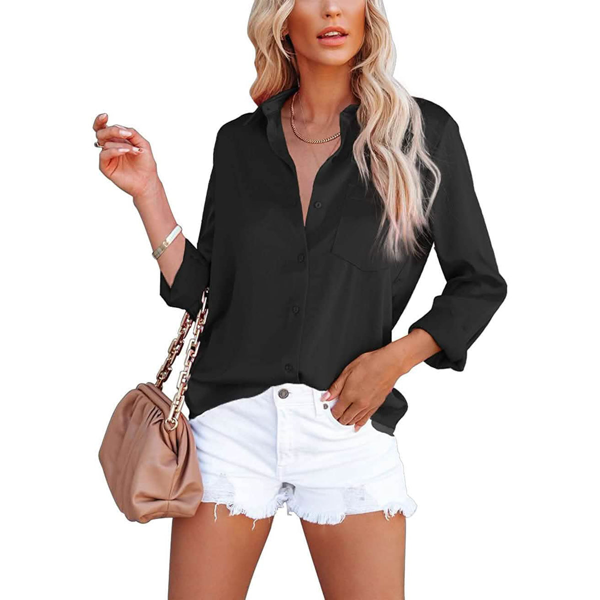 Women's Button Down Shirts Satin V Neck Long Sleeve - A-1 Thread Vault