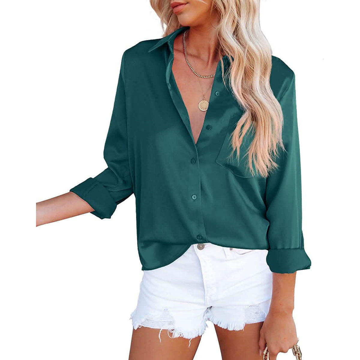 Women's Button Down Shirts Satin V Neck Long Sleeve - A-1 Thread Vault