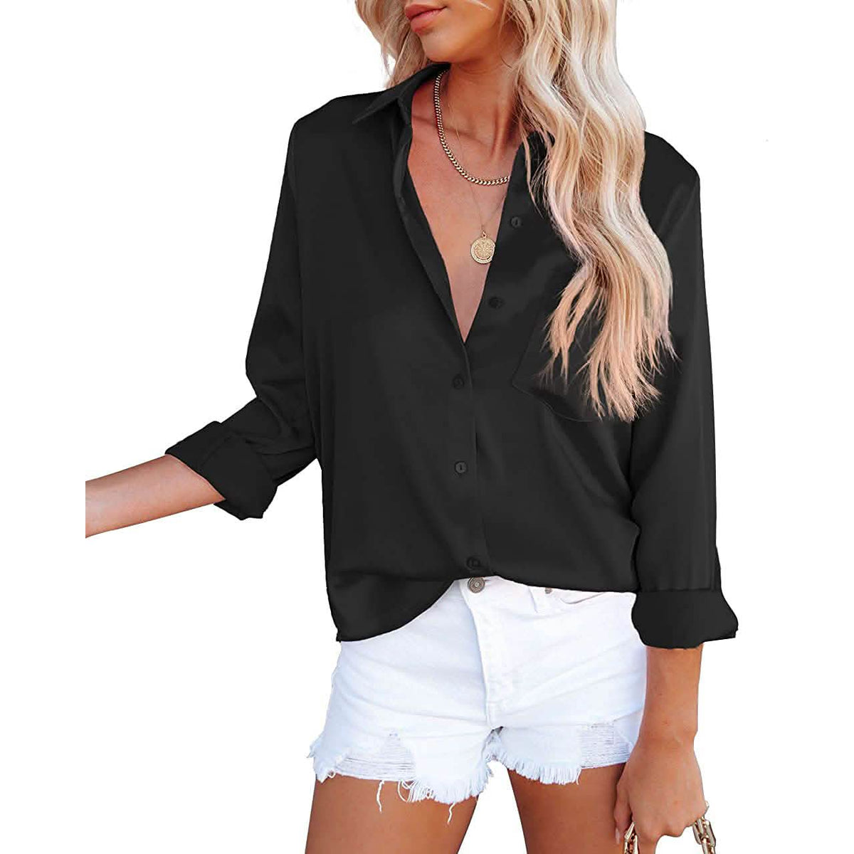 Women's Button Down Shirts Satin V Neck Long Sleeve - A-1 Thread Vault