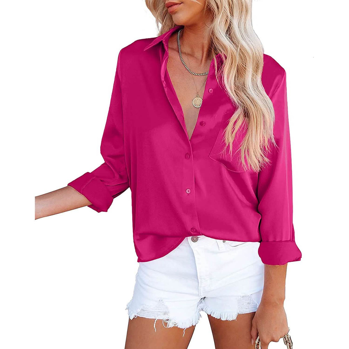 Women's Button Down Shirts Satin V Neck Long Sleeve - A-1 Thread Vault