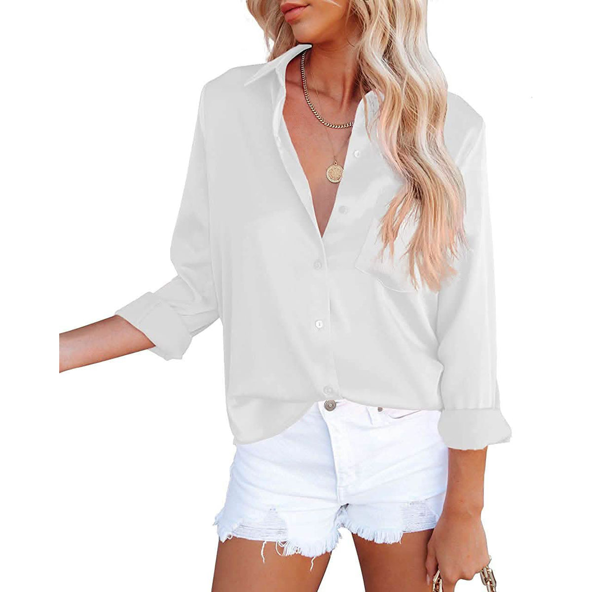 Women's Button Down Shirts Satin V Neck Long Sleeve - A-1 Thread Vault