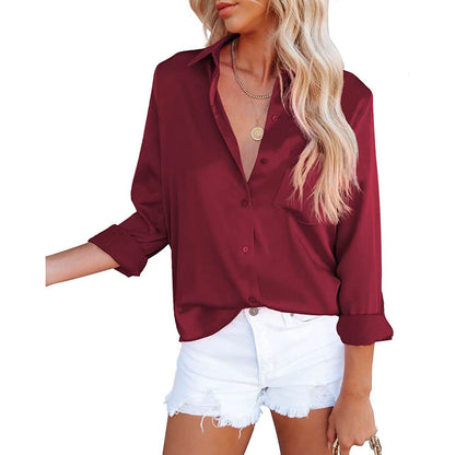 Women's Button Down Shirts Satin V Neck Long Sleeve - A-1 Thread Vault