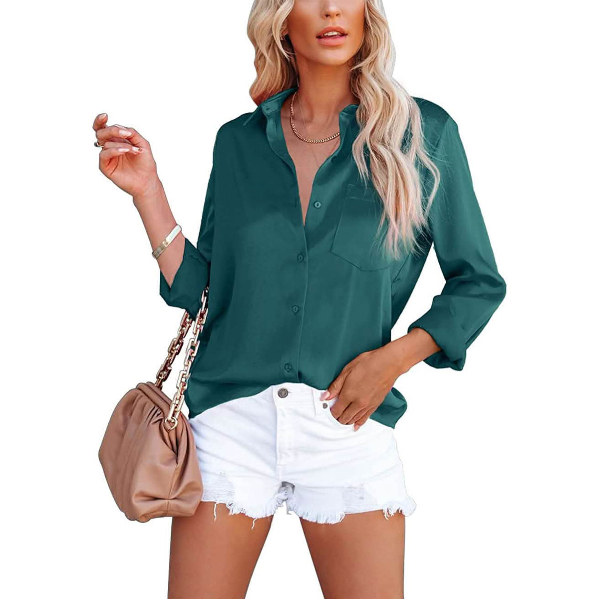 Women's Button Down Shirts Satin V Neck Long Sleeve - A-1 Thread Vault