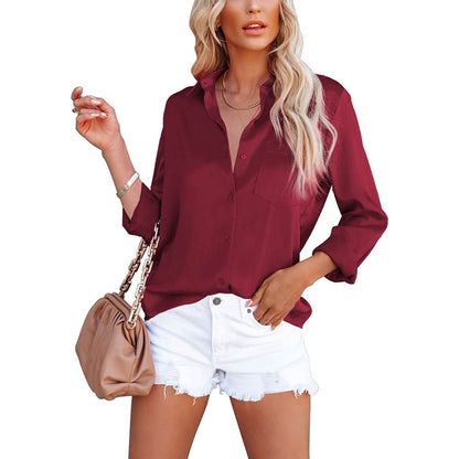 Women's Button Down Shirts Satin V Neck Long Sleeve - A-1 Thread Vault