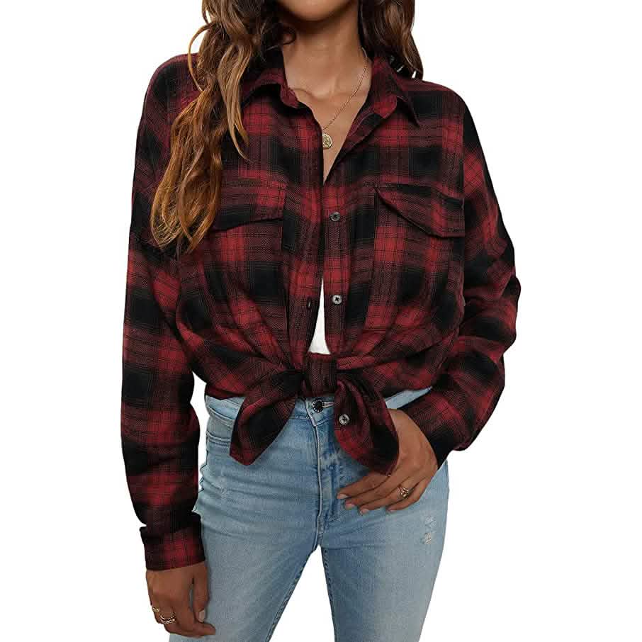 Women's Button Flannel Shirt Plaid Long Sleeve Top - A-1 Thread Vault