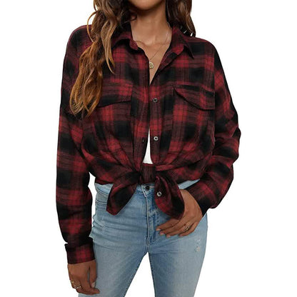 Women's Button Flannel Shirt Plaid Long Sleeve Top - A-1 Thread Vault