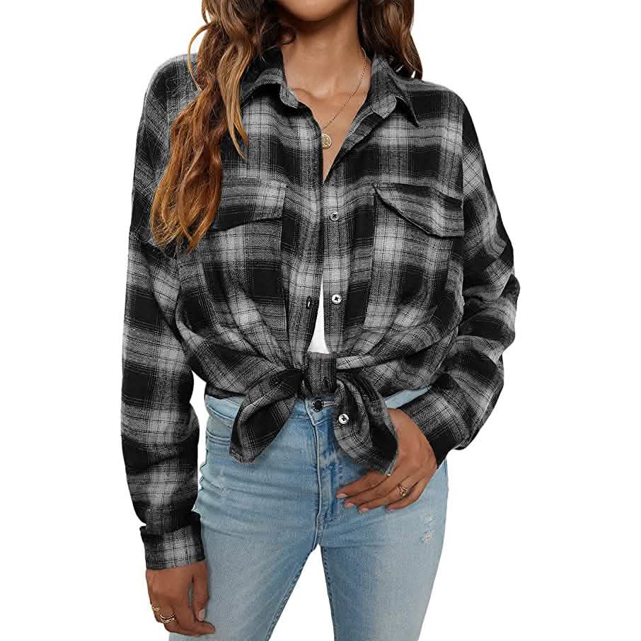 Women's Button Flannel Shirt Plaid Long Sleeve Top - A-1 Thread Vault
