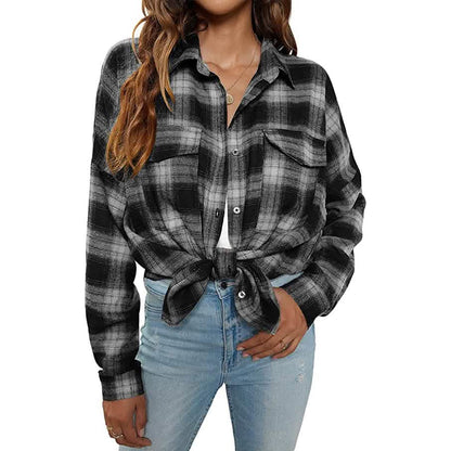 Women's Button Flannel Shirt Plaid Long Sleeve Top - A-1 Thread Vault