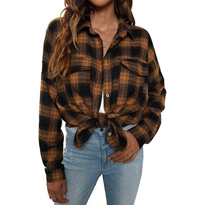 Women's Button Flannel Shirt Plaid Long Sleeve Top - A-1 Thread Vault
