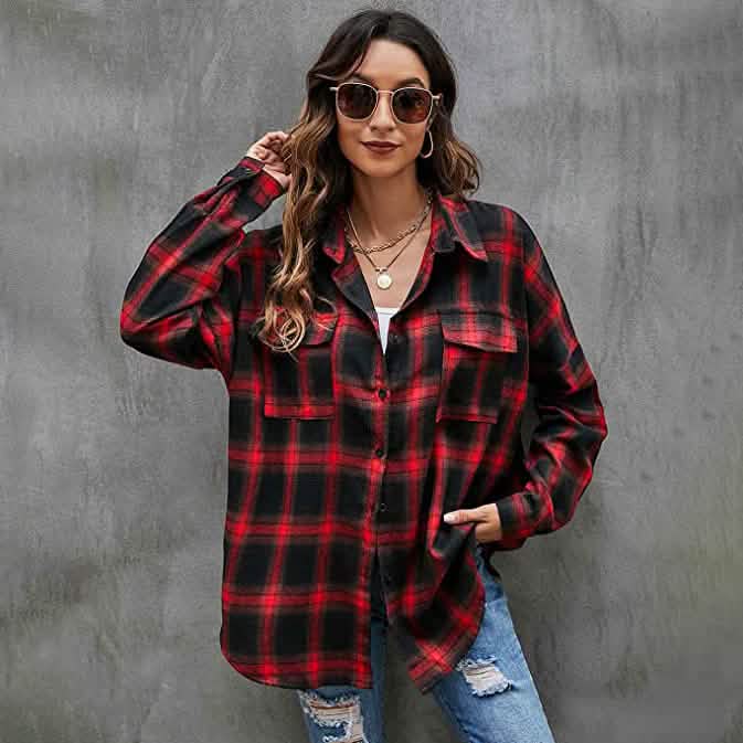 Women's Button Flannel Shirt Plaid Long Sleeve Top - A-1 Thread Vault