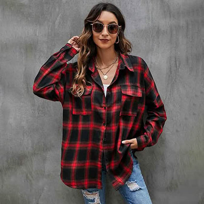 Women's Button Flannel Shirt Plaid Long Sleeve Top - A-1 Thread Vault