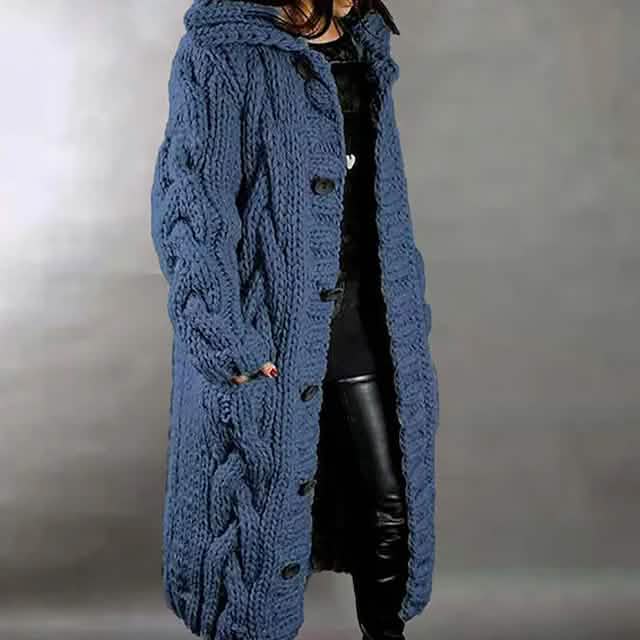 Women's Cardigan Sweater Jumper Cable Chunky Knit Hooded Solid Color Open Front - A-1 Thread Vault