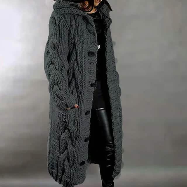 Women's Cardigan Sweater Jumper Cable Chunky Knit Hooded Solid Color Open Front - A-1 Thread Vault