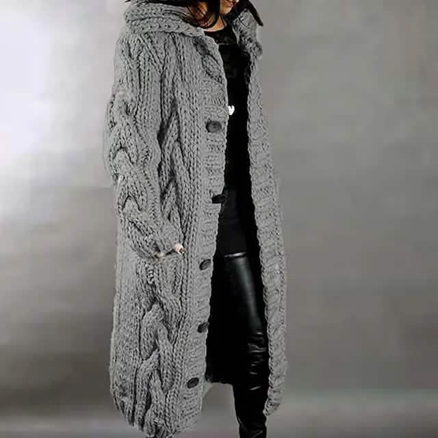 Women's Cardigan Sweater Jumper Cable Chunky Knit Hooded Solid Color Open Front - A-1 Thread Vault