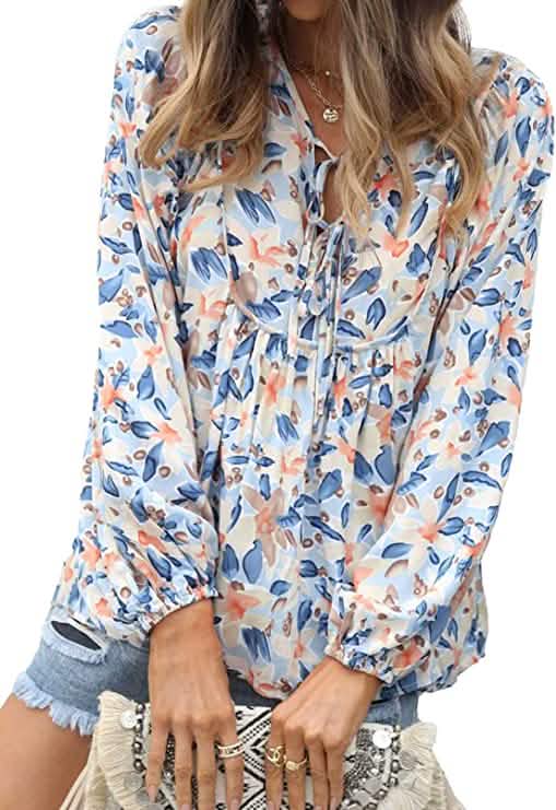 Women's Casual Boho Floral Print V Neck Long Sleeve Top - A-1 Thread Vault