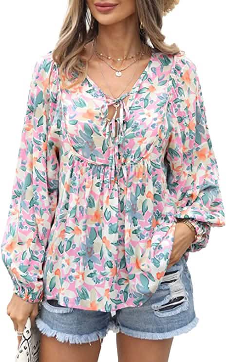 Women's Casual Boho Floral Print V Neck Long Sleeve Top - A-1 Thread Vault