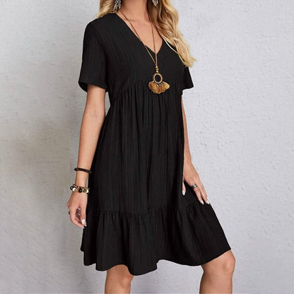 Women's Casual Dress Ruffle V Neck Midi Shift Dress - A-1 Thread Vault