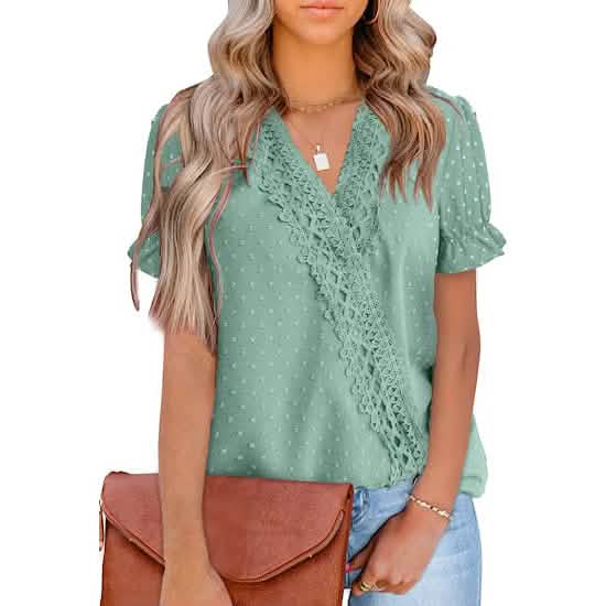 Women's Casual Lace Pom Pom V Neck Chiffon Short Sleeve Top - A-1 Thread Vault