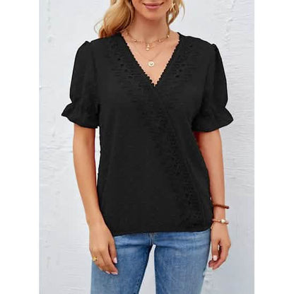 Women's Casual Lace Pom Pom V Neck Chiffon Short Sleeve Top - A-1 Thread Vault