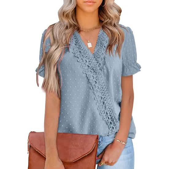 Women's Casual Lace Pom Pom V Neck Chiffon Short Sleeve Top - A-1 Thread Vault