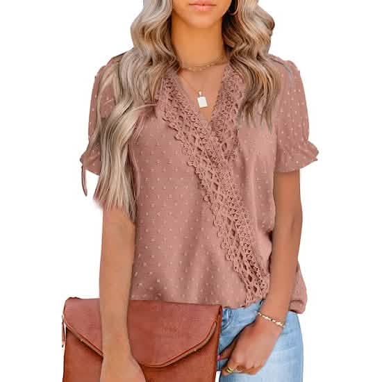 Women's Casual Lace Pom Pom V Neck Chiffon Short Sleeve Top - A-1 Thread Vault