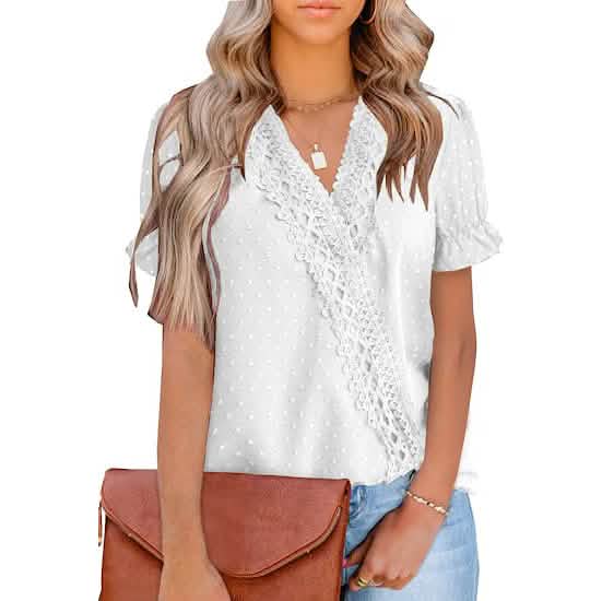 Women's Casual Lace Pom Pom V Neck Chiffon Short Sleeve Top - A-1 Thread Vault