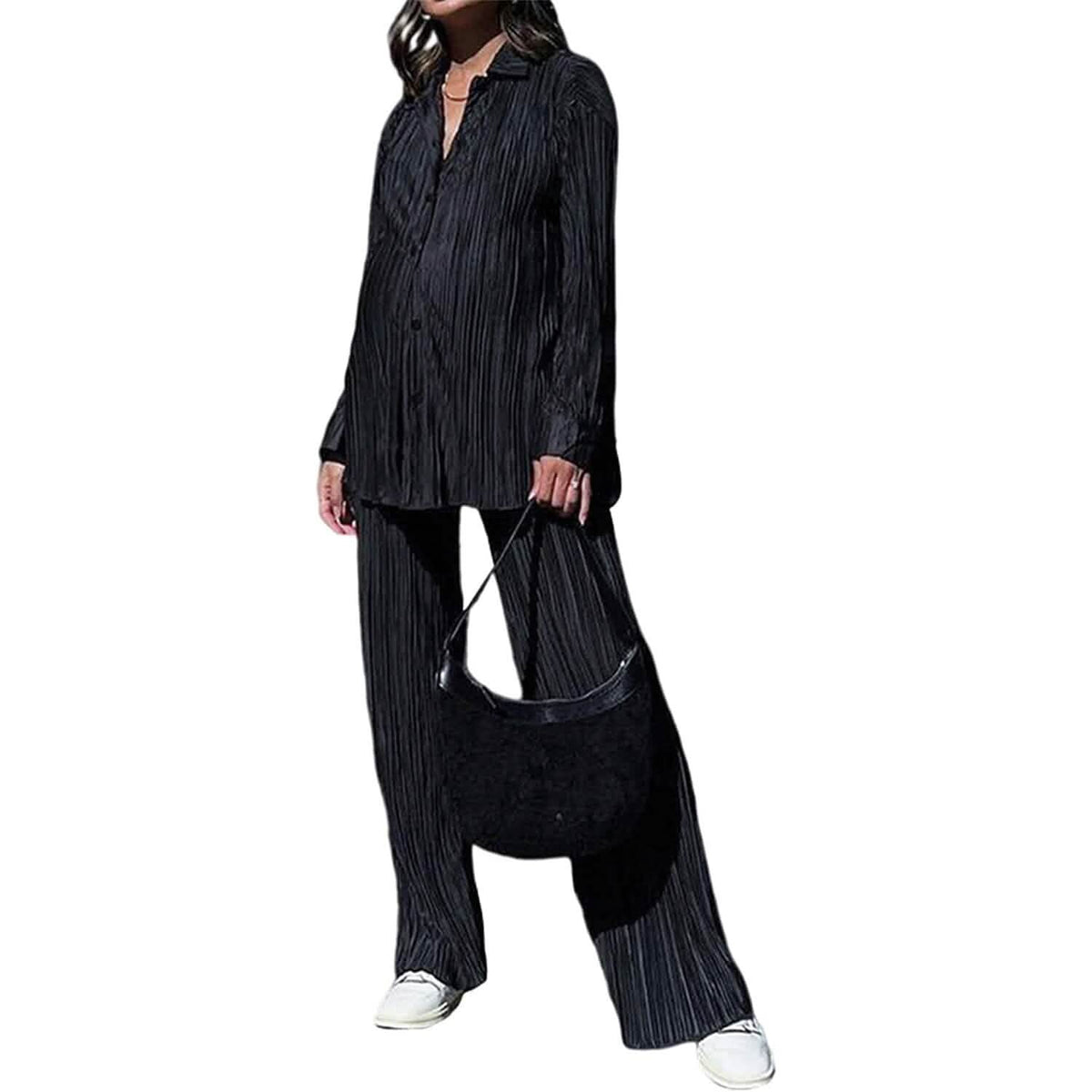 Women's Casual Long Sleeve Button Blouse Top Wide Leg Loose Streetwear Loungewear - A-1 Thread Vault